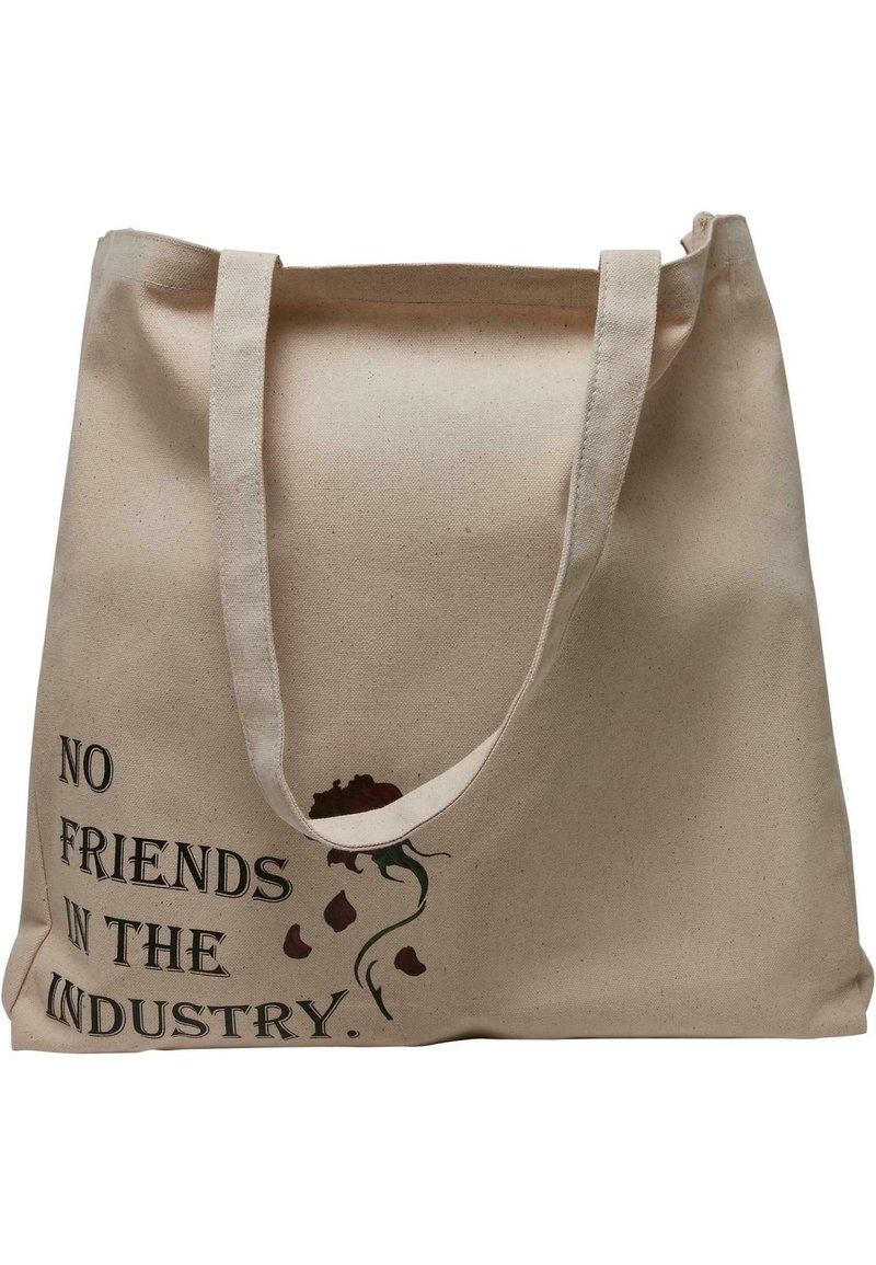 Beige Baumwolltasche mit langen Griffen, bedruckt mit dem Text "KEINE FREUNDE IN DER BRANCHE" und einer Rosengrafik in Dunkelrot und Grün.