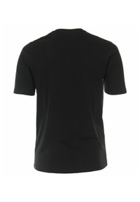 Czarna koszulka z krótkim rękawem, z okrągłym dekoltem i gładką bawełnianą fakturą, z prostym, nieozdobionym wzorem na plecach.