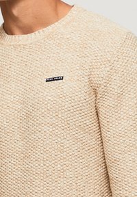 Beige gestrickter Pullover mit strukturiertem Muster, Rundhalsausschnitt und kleinem schwarzen "Pepe Jeans"-Logo auf der Brust.