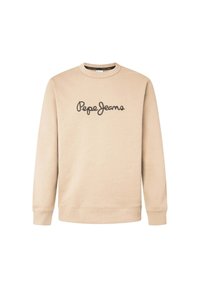 Beige sweatshirt made from cotton blend, featuring long sleeves, ribbed cuffs, and a black "Pepe Jeans" logo across the chest.