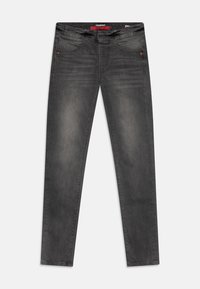 Tmavě šedé slim-fit džíny vyrobené z denimu, s vybledlým povrchem, pěti kapsami a kontrastním šitím s kovovými detaily.