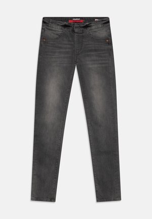 Tmavě šedé slim-fit džíny vyrobené z denimu, s vybledlým povrchem, pěti kapsami a kontrastním šitím s kovovými detaily.