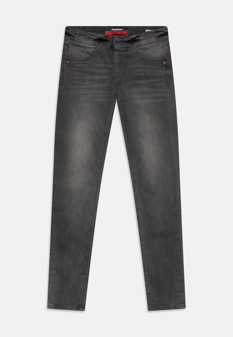 Tmavě šedé slim-fit džíny vyrobené z denimu, s vybledlým povrchem, pěti kapsami a kontrastním šitím s kovovými detaily.