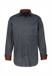Camicia a bottone con motivo, maniche lunghe. Tessuto blu scuro con motivi circolari in crema e ruggine, polsini e colletto a contrasto in marrone.