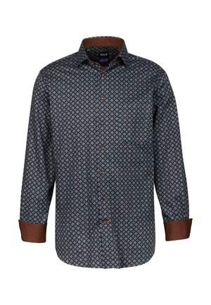 Camicia a bottone con motivo, maniche lunghe. Tessuto blu scuro con motivi circolari in crema e ruggine, polsini e colletto a contrasto in marrone.