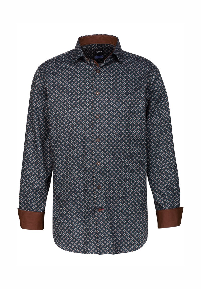 Camicia a bottone con motivo, maniche lunghe. Tessuto blu scuro con motivi circolari in crema e ruggine, polsini e colletto a contrasto in marrone.