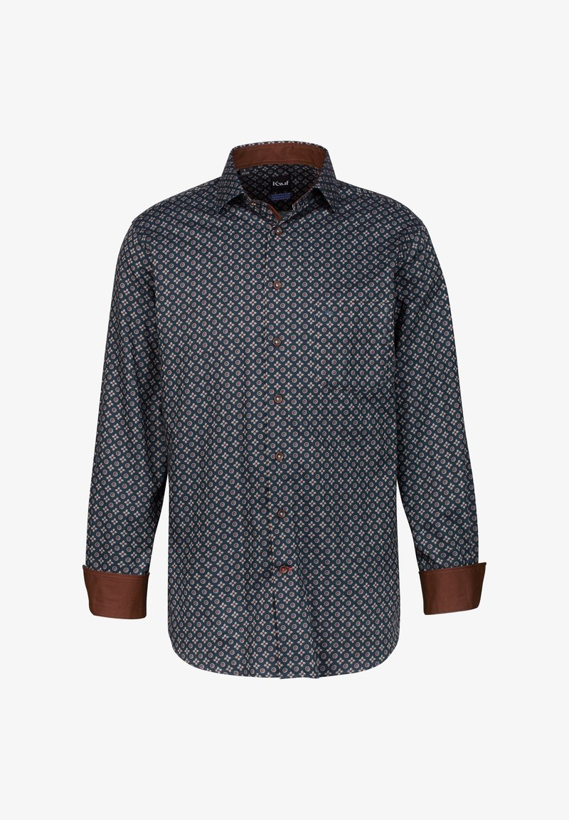 Camicia a bottone con motivo, maniche lunghe. Tessuto blu scuro con motivi circolari in crema e ruggine, polsini e colletto a contrasto in marrone.