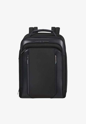 Black backpack made of durable fabric, featuring a main zippered compartment, a front pocket, padded shoulder straps, and a top handle.
