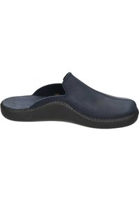 Marineblaue Leder- Slipper mit runder Zehenform, strukturiertem schwarzen Gummisohle und glattem Obermaterial. Verfügt über eine genähte Naht entlang der Kante.