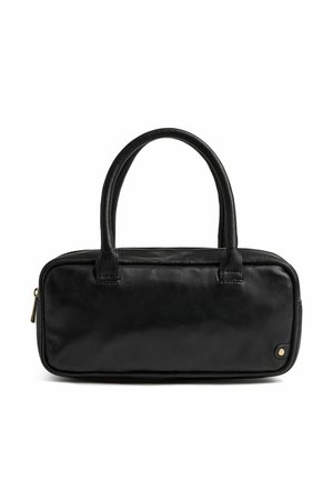 Zwarte rechthoekige leren handtas met dubbele handvatten, een bovenste ritssluiting en een klein gouden knopdetail in de onderste hoek.