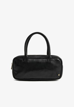 Black rectangular leather handbag with double handles, a top zipper, and a small gold button detail on the lower corner.