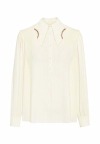 Blusa color crema a maniche lunghe con colletto appuntito, maniche plissettate e cuciture decorative lungo i bordi del colletto. Chiusura frontale con bottoni.