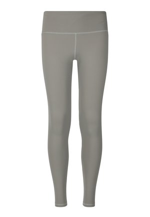 Enkle grå højtaljede tætsiddende leggings med synlige syninger ved talje og ankler, vist forfra på hvid baggrund.