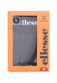 Boxer da uomo grigi in un pacco trasparente con una scatola arancione, con logo del marchio e etichetta della taglia. Inclusi tre paia.