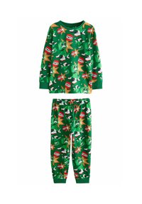 Grön långärmad pyjamas med lekfulla grafik av TNT-block och figurer. Mjuk tyg, elastisk midja och ribbade ärmslut.