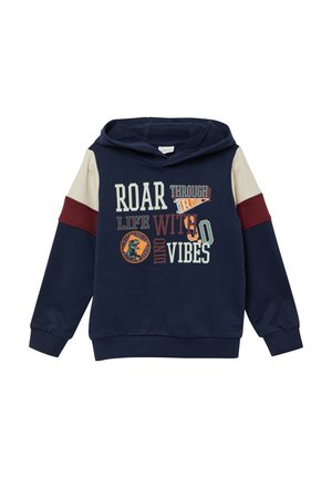 Marineblauer Kapuzenpullover mit cremefarbenen und kastanienbraunen Ärmelakzenten, auf der Vorderseite mit mehrfarbigem, dinosaurierbezogenem Text und Grafiken.