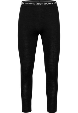 Schwarze Sportleggings mit tailliertem Design, hergestellt aus einem glatten Material und einem weißen Bund, auf dem "normani OUTDOOR SPORTS" steht.