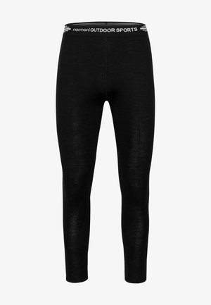 Schwarze Sportleggings mit tailliertem Design, hergestellt aus einem glatten Material und einem weißen Bund, auf dem "normani OUTDOOR SPORTS" steht.