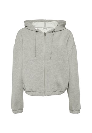 Felpa grigia realizzata in morbido tessuto, con zip frontale, cappuccio regolabile e polsini a costine, dal taglio rilassato e cropped.