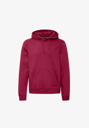 Burgunderfarget hettegenser laget av myk stoff, med kengurulomme, justerbare snorer og ribbede mansjetter for en tettsittende passform.