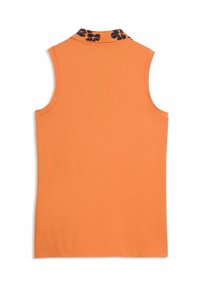 Πορτοκαλί αμάνικη μπλούζα με γιακά με λουλουδάτο μοτίβο σε ναυτικό μπλε, κατασκευασμένη από μαλακό ύφασμα με λεία υφή. Εμφανίζεται η πίσω όψη.