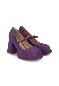 Scarpe Mary Jane in suede viola con punta quadrata, tacco largo e spesso, e una sottile cintura regolabile sul collo del piede. Interno in pelle liscia.