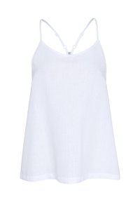 White, sleeveless top with thin straps and a flowy silhouette; features a crisscross design at the back and a smooth texture.