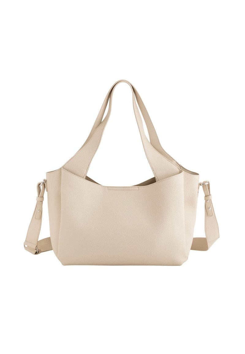 Beige Leder-Shopper mit doppelten oberen Griffen, verstellbarem Schultergurt und einem minimalistischen Design mit strukturierter Oberfläche.
