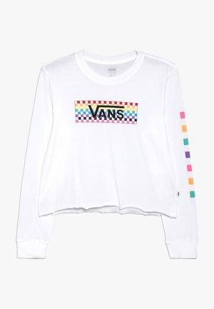 Chemise courte à manches longues blanche avec un motif à damier multicolore ; arbore le logo "VANS" et des carrés colorés le long de la manche.