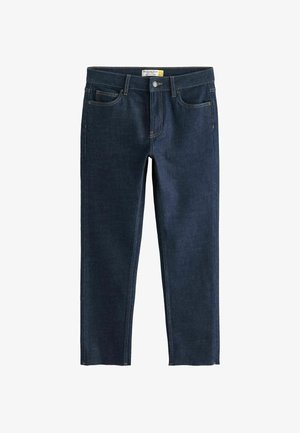 Tmavomodré denimové nohavice s uvoľneným slim strihom, obsahujúce päť vreciek, predné zapínanie na gombík a žlté švy.