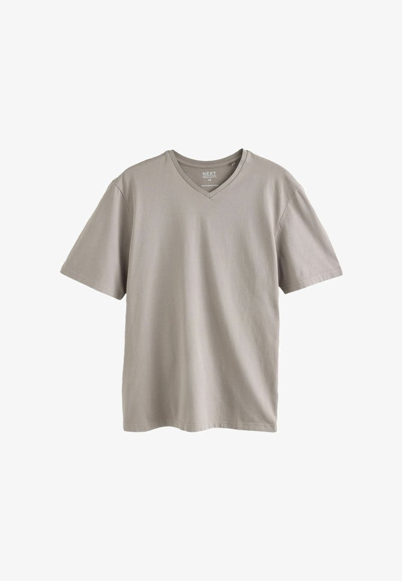 T-shirt beige en coton à manches courtes, col en V, taille moyenne, coupe régulière, présenté sur fond blanc.