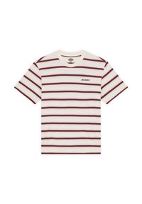 Short-sleeved T-shirt featuring horizontal maroon and cream stripes, with "Dickies" logo embroidered on the left chest.
