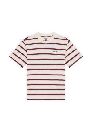 T-shirt à manches courtes avec des rayures horizontales bordeaux et crème, avec le logo "Dickies" brodé sur la poitrine gauche.