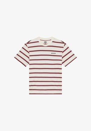 Short-sleeved T-shirt featuring horizontal maroon and cream stripes, with "Dickies" logo embroidered on the left chest.