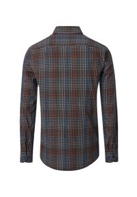 Langarmhemd mit einem dunkelblauen, orangefarbenen und hellblauen Karomuster. Mit Kragen, Knopfmanschetten und tailliertem Schnitt.