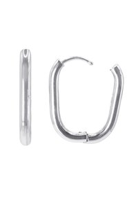 Orecchini a cerchio in argento con una finitura liscia e lucida. Presentano un design a forma di U e una chiusura a cerniera. Dettagli, forma bifacciale.