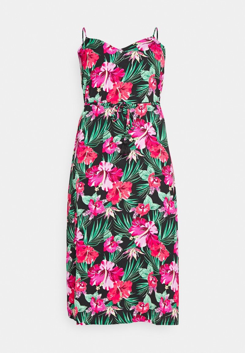 Robe midi noire avec imprimé floral tropical rose et rouge, fines bretelles réglables et ceinture à nouer à la taille avec embouts pompons.