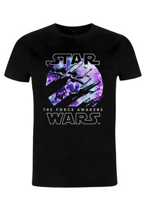 Černé bavlněné tričko s nápisem "STAR WARS", zobrazující grafiku vesmírných lodí X-wing a TIE fighter na pozadí purpurové galaxie.