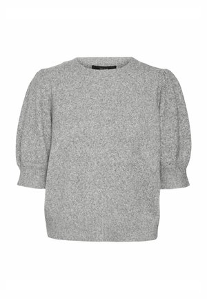 Grijze gebreide trui met een ronde halslijn en korte pofmouwen, voorzien van een ribbelzoom en een zachte textuur.