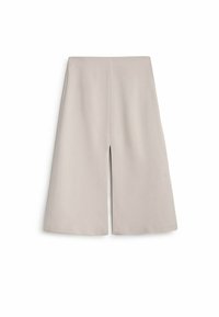 Light beige culottes with a wide leg design, featuring a front split and smooth, textured fabric. Simple, minimalistic style.