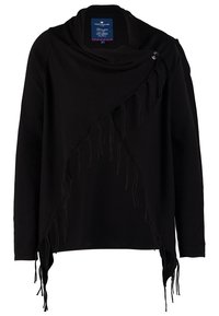 Haut asymétrique à manches longues noir avec bords à franges, détail de boutons près du col et encolure drapée par Tom Tailor.