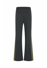 Donkergrijze broek met een hoge taille, elastische tailleband en twee achterzakken. Heeft een contrasterende olijfgroene zijstreep.