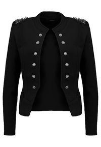 Czarna kurtka o dopasowanym fasonie, z metalowymi guzikami i teksturowanymi pagonami. Gładki materiał, krótka długość, bez widocznego kołnierza.