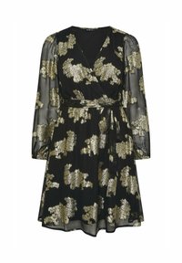 Vestido negro ajustado con mangas largas de tul y patrones florales metálicos dorados, que incluye un cinturón atado en la cintura y un escote en V.