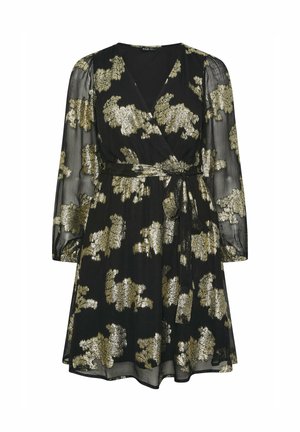 Vestido negro ajustado con mangas largas de tul y patrones florales metálicos dorados, que incluye un cinturón atado en la cintura y un escote en V.