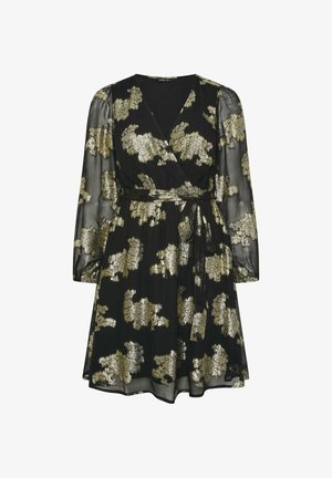 Czarna sukienka wrap z długimi przezroczystymi rękawami i metalicznymi złotymi wzorami w kwiaty, z wiązanym paskiem w talii i dekoltem w serek.