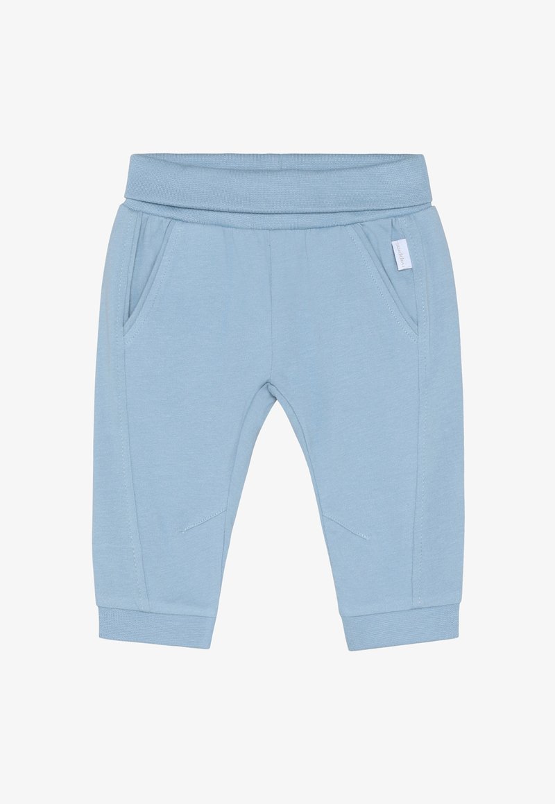 Pantalon de jogging bleu clair en tissu doux, doté d'une taille élastique, de poches latérales et de poignets fuselés avec des détails de couture subtils.