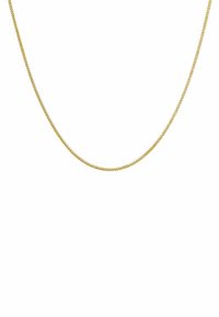 Collar de cadena de oro con un diseño delgado y redondo. Presenta una textura suave y un brillo sutil, adecuado para superponer o usar solo.