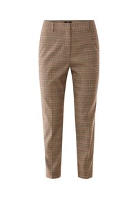 Pantaloni a quadri marroni con una vestibilità su misura, caratterizzati da una combinazione di marroni chiari e scuri, dettagli arancioni e una texture liscia.