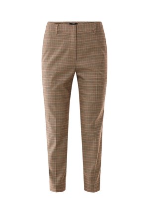 Bruine geruite broek met een getailleerde pasvorm, met een mix van licht en donkerbruin, oranje accenten en een soepele textuur.